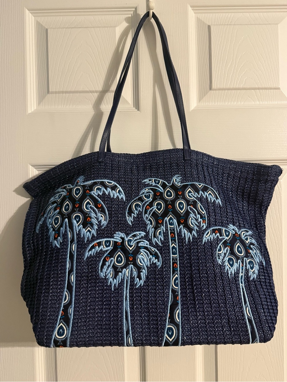 Vera Bradley Navy Straw Tote Bag Embroidered Palm Trees Large Beach Bag